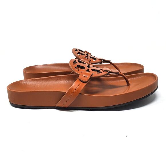 Tory Burch Miller Cloud Thong Sandals Calf Leather Aged Camello Brown Size 7 - Picture 3 of 11